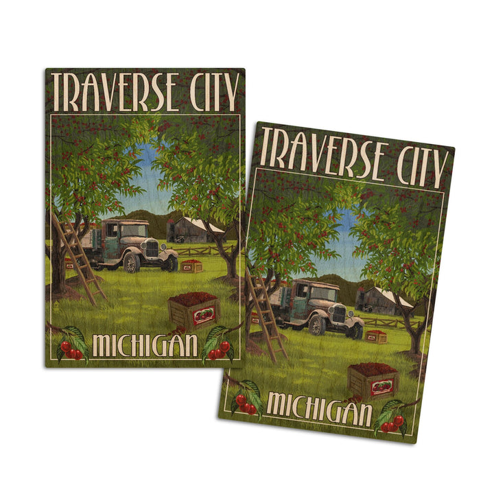 Traverse City, Michigan, Cherry Orchard Harvest, Lantern Press Artwork, Wood Signs and Postcards Wood Lantern Press 4x6 Wood Postcard Set 
