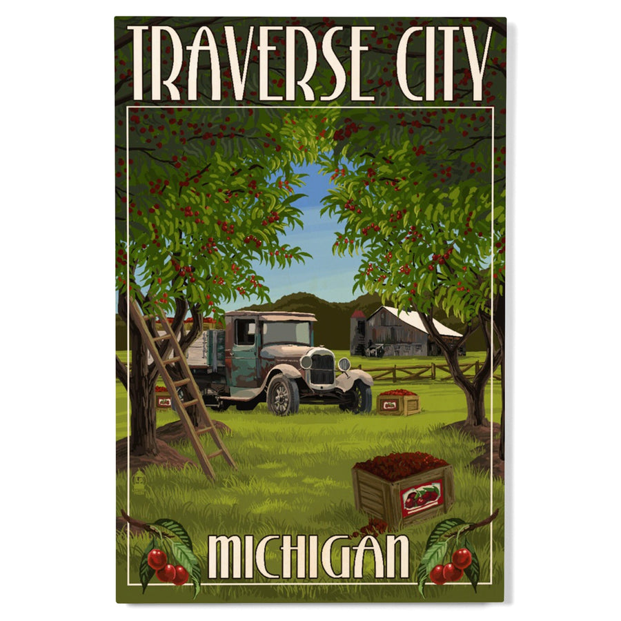 Traverse City, Michigan, Cherry Orchard Harvest, Lantern Press Artwork, Wood Signs and Postcards Wood Lantern Press 