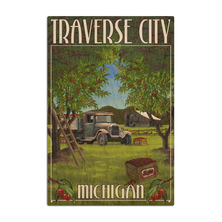 Traverse City, Michigan, Cherry Orchard Harvest, Lantern Press Artwork, Wood Signs and Postcards Wood Lantern Press 6x9 Wood Sign 