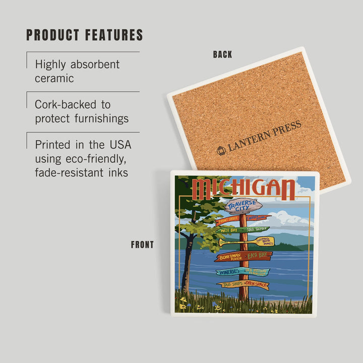 Traverse City, Michigan, Destinations Sign, Coasters Coasters Lantern Press 