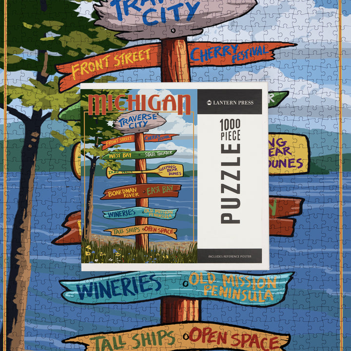 Traverse City, Michigan, Destinations Sign, Jigsaw Puzzle Puzzle Lantern Press 