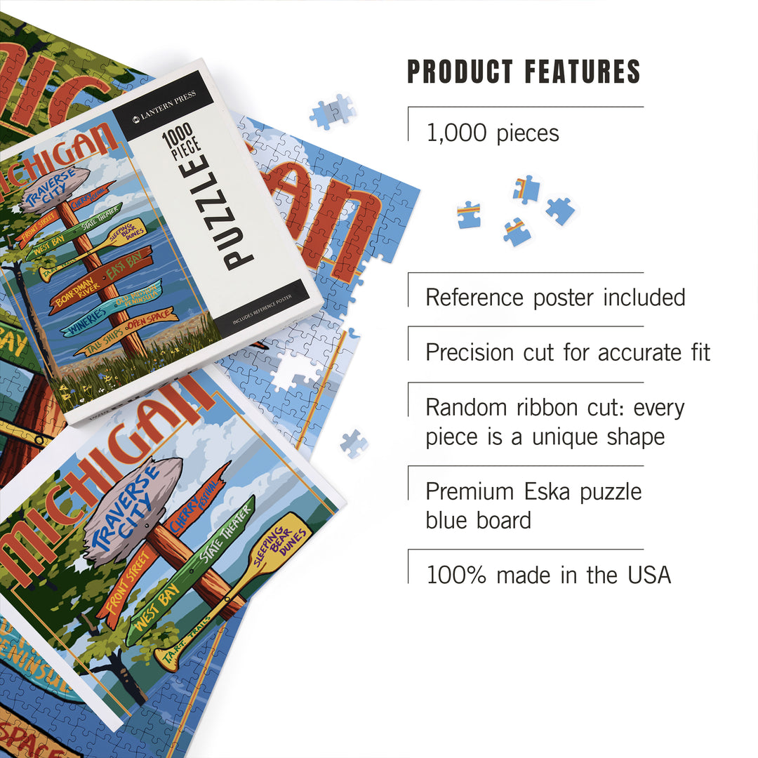 Traverse City, Michigan, Destinations Sign, Jigsaw Puzzle Puzzle Lantern Press 