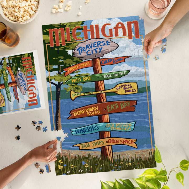 Traverse City, Michigan, Destinations Sign, Jigsaw Puzzle Puzzle Lantern Press 