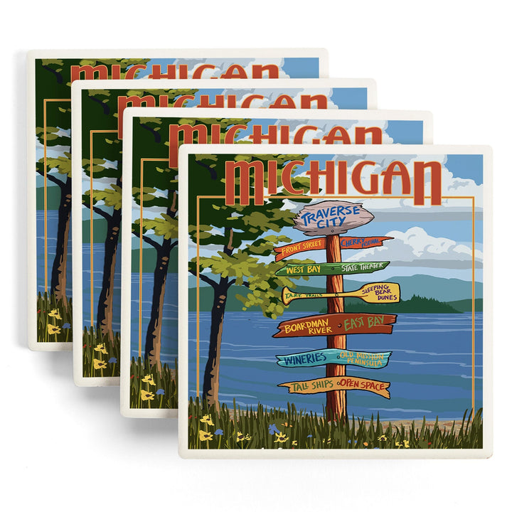 Traverse City, Michigan, Destinations Sign, Lantern Press Artwork, Coaster Set Coasters Lantern Press 