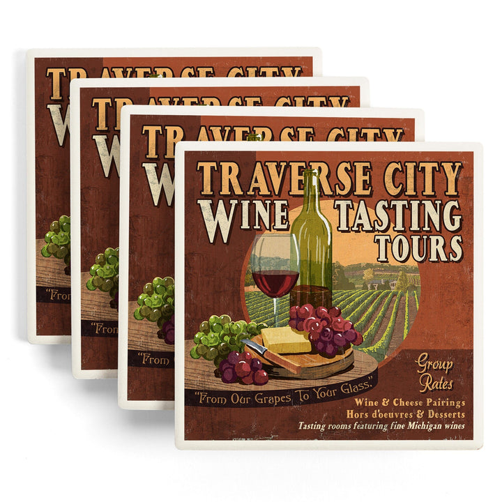 Traverse City, Michigan, Wine Tasting Vintage Sign, Coasters Coasters Lantern Press 