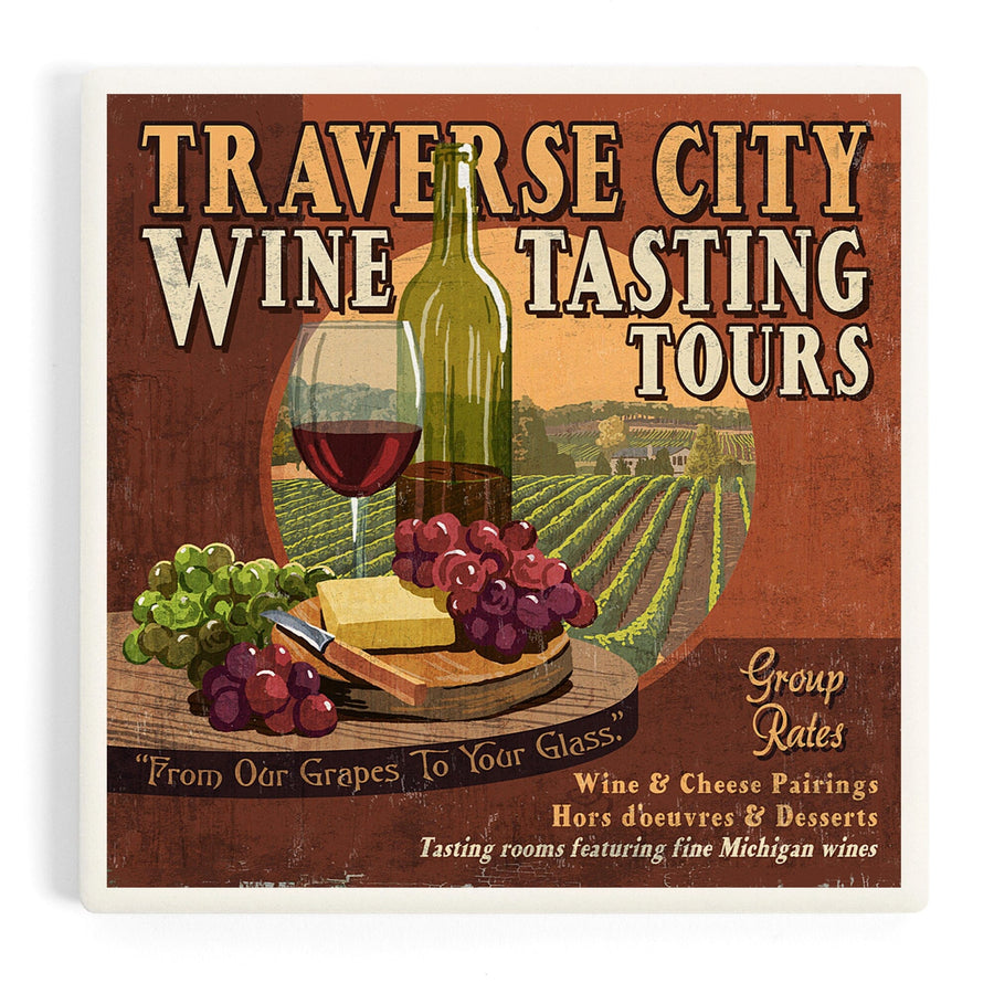 Traverse City, Michigan, Wine Tasting Vintage Sign, Coasters Coasters Lantern Press 