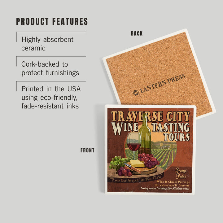 Traverse City, Michigan, Wine Tasting Vintage Sign, Coasters Coasters Lantern Press 