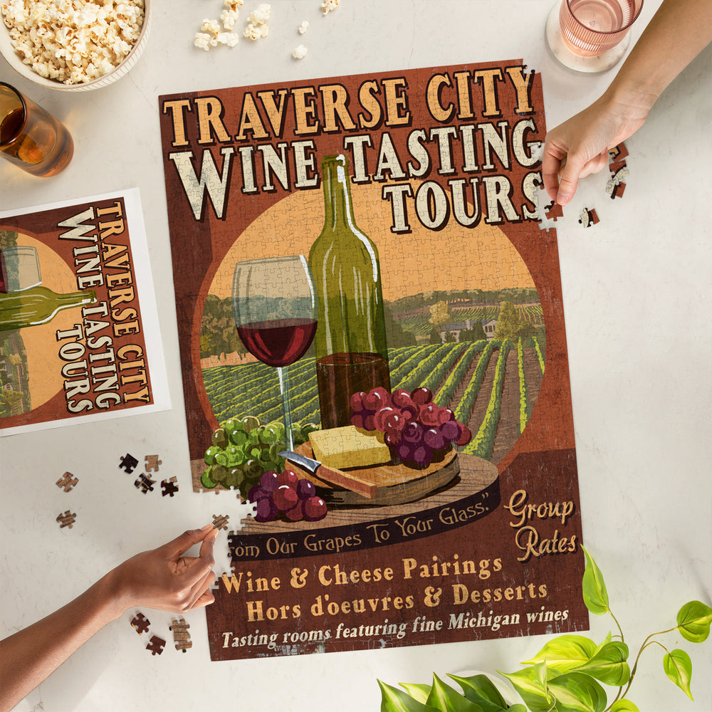 Traverse City, Michigan, Wine Tasting Vintage Sign, Jigsaw Puzzle Puzzle Lantern Press 