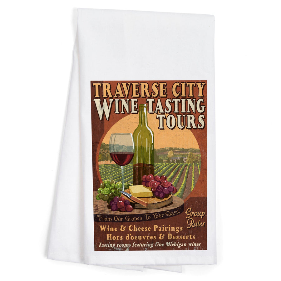 Traverse City, Michigan, Wine Tasting Vintage Sign, Organic Cotton Kitchen Tea Towels Kitchen Lantern Press 