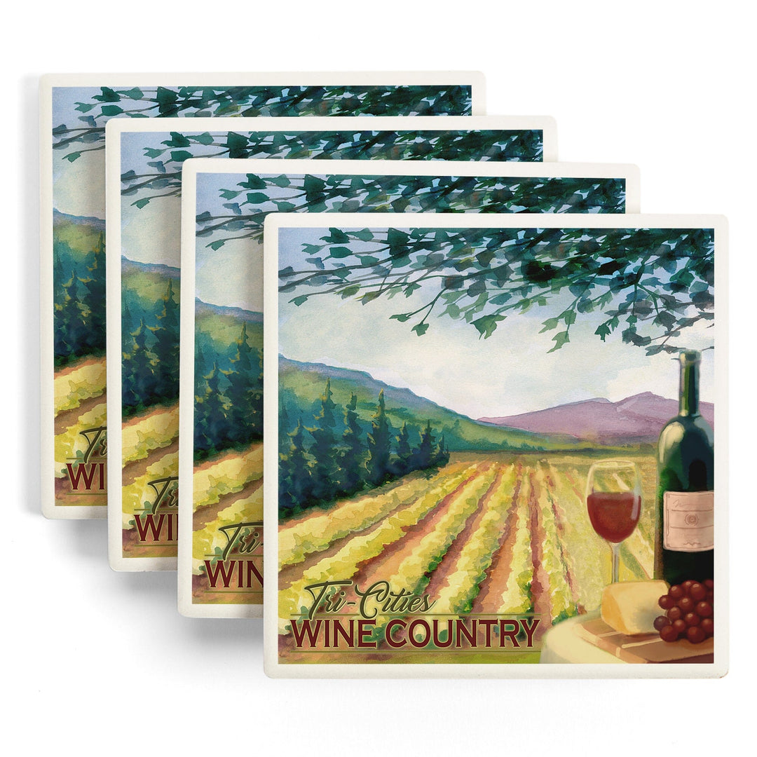 Tri-Cities, Washington Wine Country, Vineyard Scene, Lantern Press Artwork, Coaster Set Coasters Lantern Press 