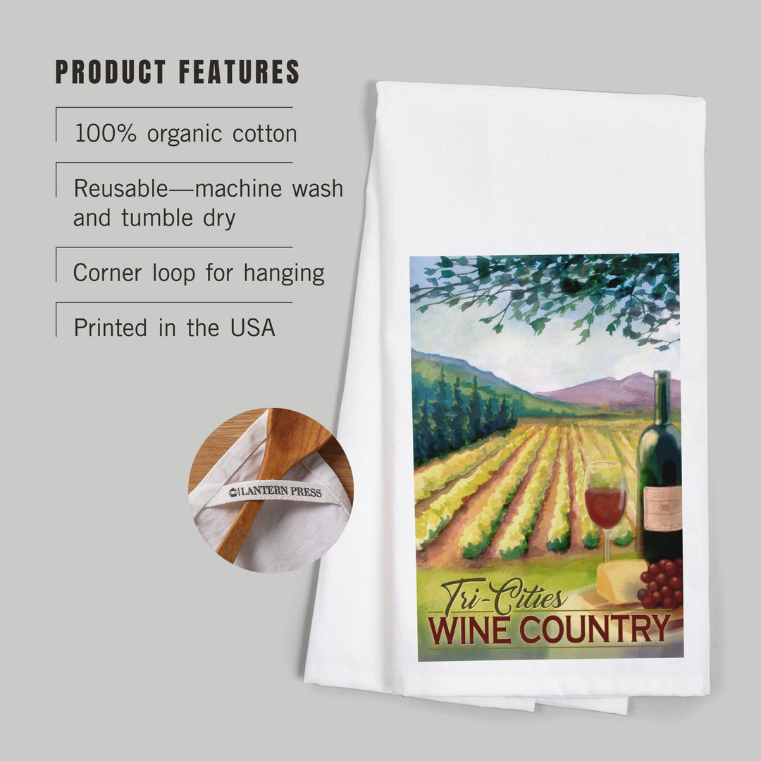 Tri-Cities, Washington Wine Country, Vineyard Scene, Organic Cotton Kitchen Tea Towels Kitchen Lantern Press 