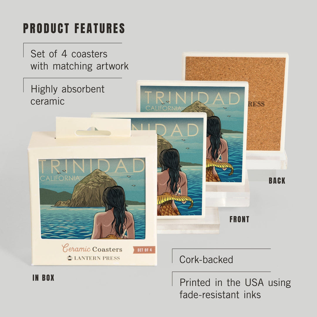 Trinidad, California, Mermaid, Woodblock, Coasters Coasters Lantern Press 