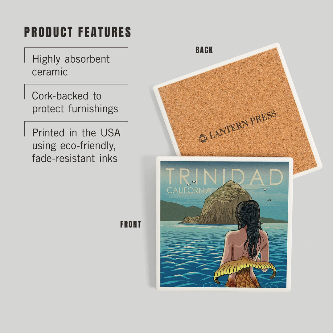 Trinidad, California, Mermaid, Woodblock, Coasters Coasters Lantern Press 
