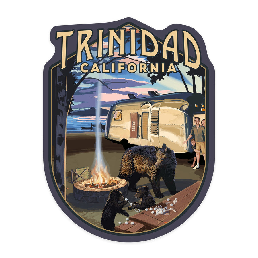 Trinidad, California, Retro Camper and Lake with Bear Family, Contour, Vinyl Sticker Sticker Lantern Press 