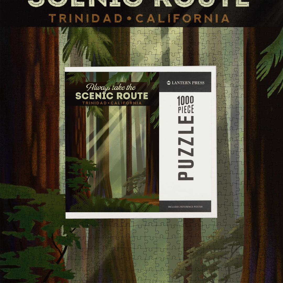 Trinidad, California, Scenic Route, Forest, Geometric Lithograph, Jigsaw Puzzle Puzzle Lantern Press 