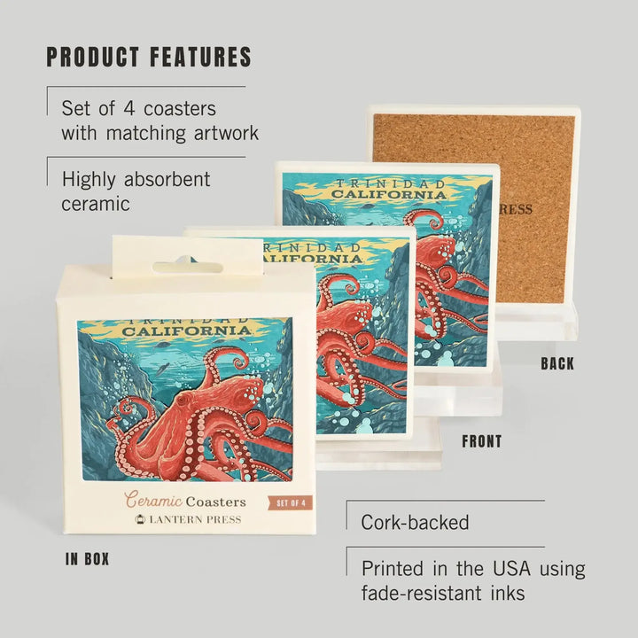 Trinidad, California, Vintage Print Press, Octopus, Coasters Coasters Lantern Press 