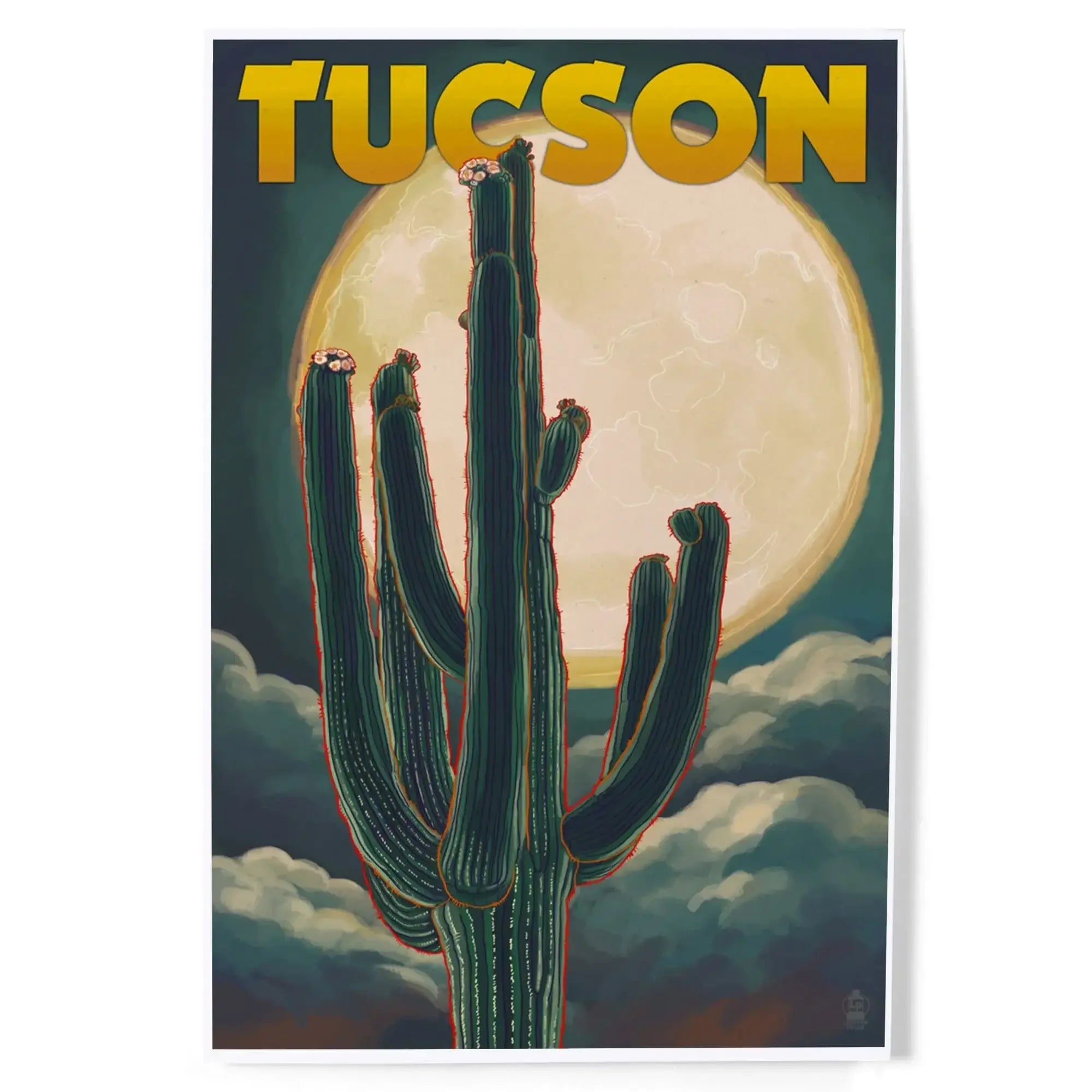 Tucson, Arizona Cactus and Full Moon art prints, metal signs