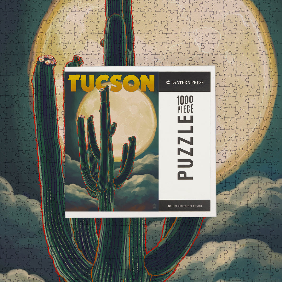 Tucson, Arizona Cactus and Full Moon, Jigsaw Puzzle Puzzle Lantern Press 