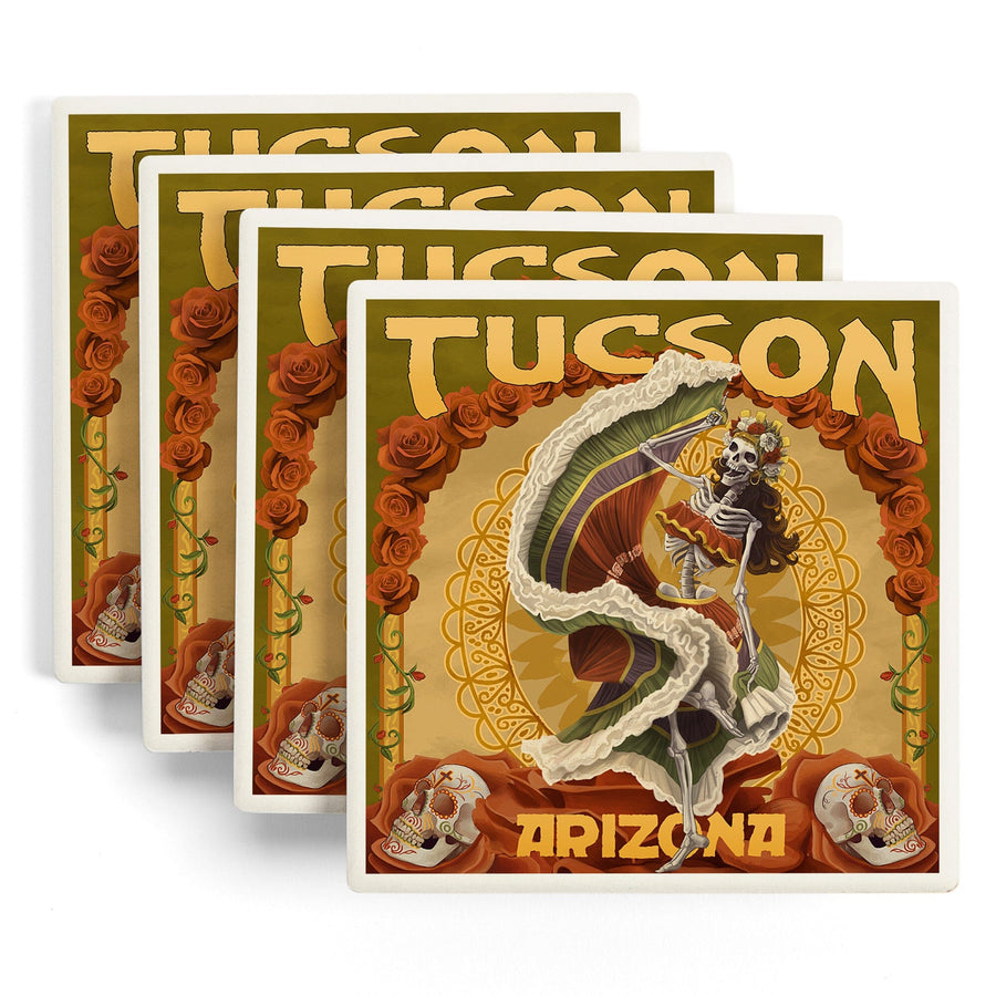 Tucson, Arizona, Day of the Dead Skeleton Dancing, Lantern Press Artwork, Coaster Set Coasters Lantern Press 