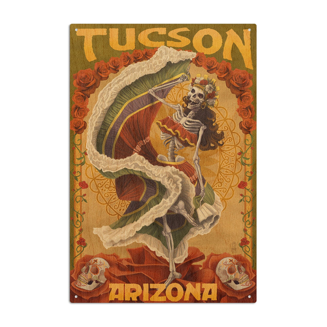 Tucson, Arizona, Day of the Dead Skeleton Dancing, Lantern Press Artwork, Wood Signs and Postcards Wood Lantern Press 10 x 15 Wood Sign 