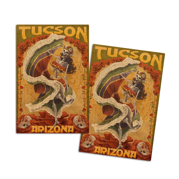 Tucson, Arizona, Day of the Dead Skeleton Dancing, Lantern Press Artwork, Wood Signs and Postcards Wood Lantern Press 4x6 Wood Postcard Set 
