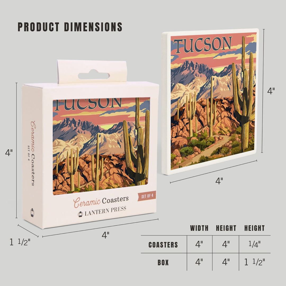 Tucson, Arizona, Desert Cactus Trail Scene at Sunset, Coasters Coasters Lantern Press 