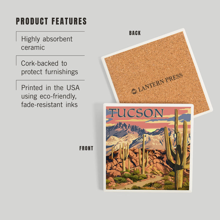 Tucson, Arizona, Desert Cactus Trail Scene at Sunset, Coasters Coasters Lantern Press 