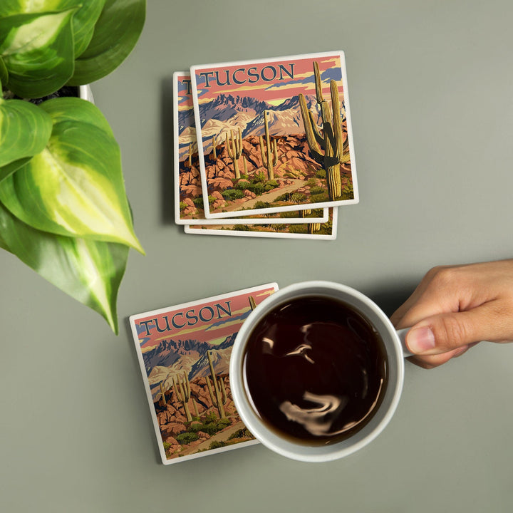 Tucson, Arizona, Desert Cactus Trail Scene at Sunset, Coasters Coasters Lantern Press 