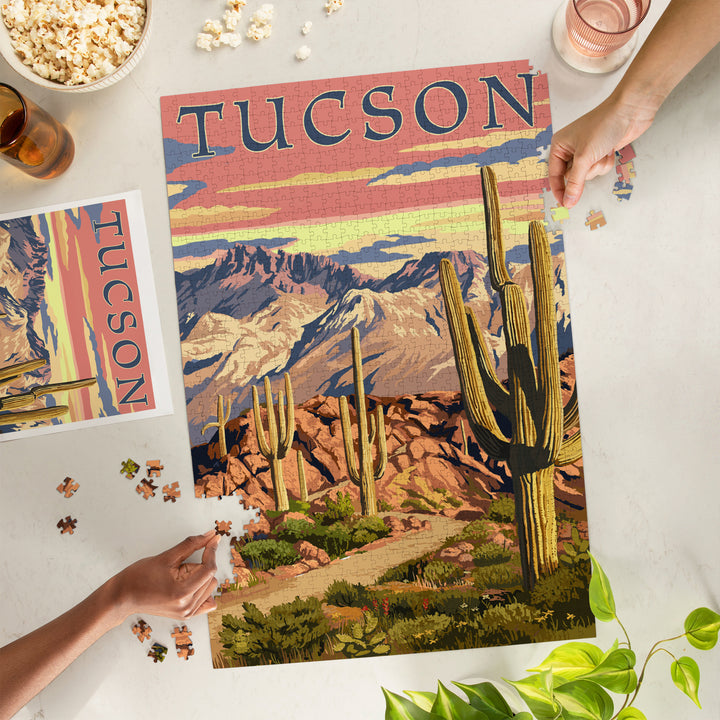 Tucson, Arizona, Desert Cactus Trail Scene at Sunset, Jigsaw Puzzle Puzzle Lantern Press 