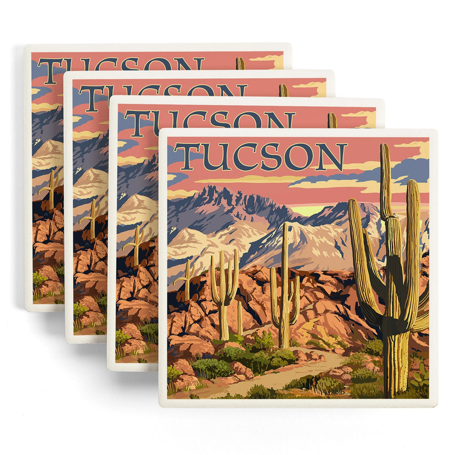 Tucson, Arizona, Desert Cactus Trail Scene at Sunset, Lantern Press Artwork, Coaster Set Coasters Lantern Press 