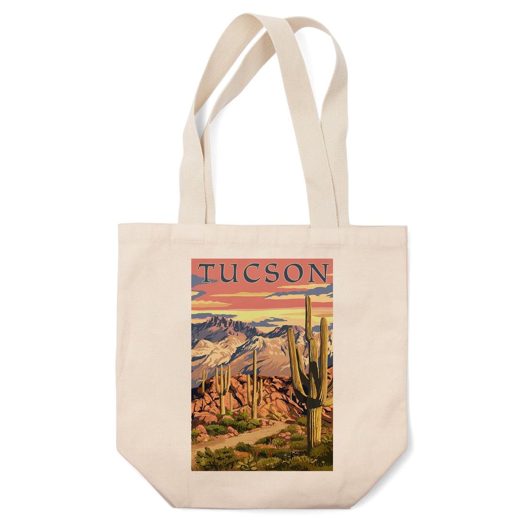 Tucson, Arizona, Desert Cactus Trail Scene at Sunset, Lantern Press Artwork, Tote Bag Totes Lantern Press 