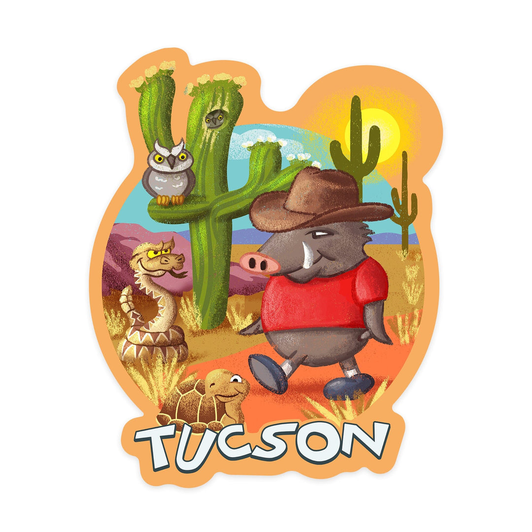 Tucson, Arizona, Desert Scene, Mid-Century Inspired, Contour, Vinyl Sticker Sticker Lantern Press 