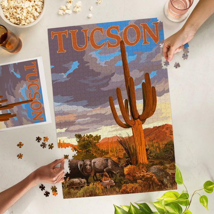 Tucson, Arizona, Javelina and Cactus, Jigsaw Puzzle Puzzle Lantern Press 
