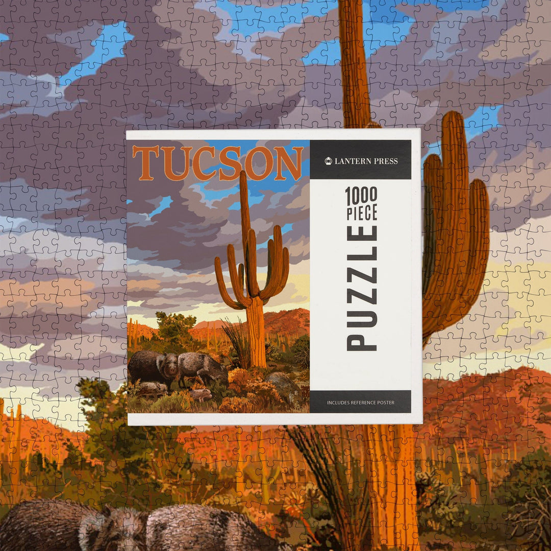 Tucson, Arizona, Javelina and Cactus, Jigsaw Puzzle Puzzle Lantern Press 