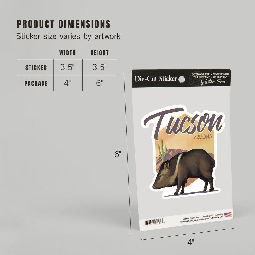 Tucson, Arizona, Javelina, Lithograph, Contour, Vinyl Sticker Sticker Lantern Press 