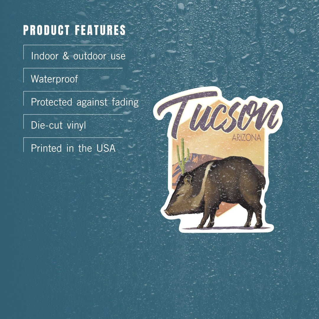 Tucson, Arizona, Javelina, Lithograph, Contour, Vinyl Sticker Sticker Lantern Press 