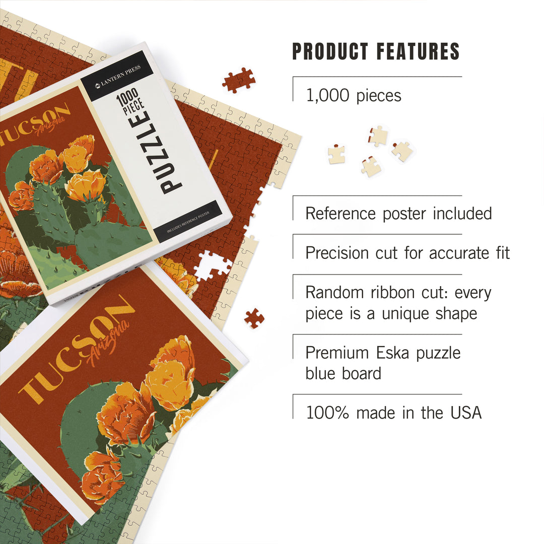 Tucson, Arizona, Prickly Pear Cactus, Letterpress, Jigsaw Puzzle Puzzle Lantern Press 