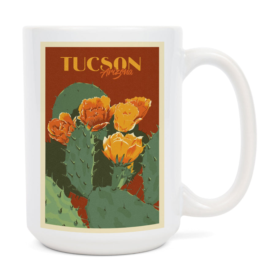 Tucson, Arizona, Prickly Pear Cactus, Letterpress, Lantern Press Artwork, Ceramic Mug Mugs Lantern Press 