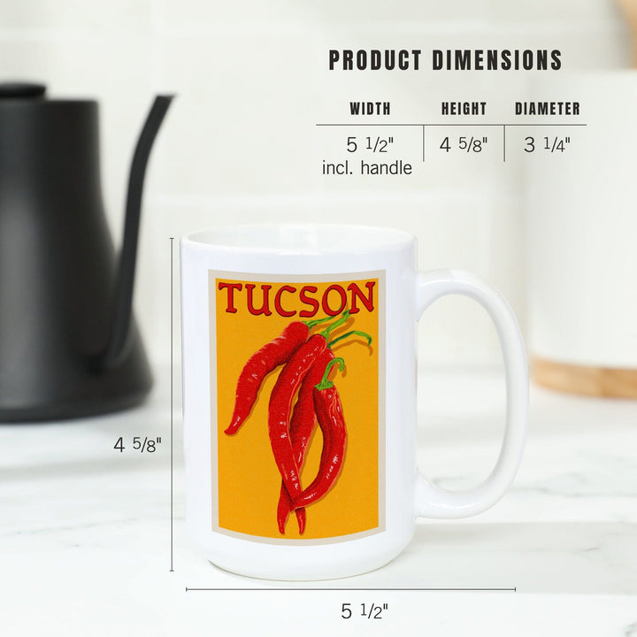 Tucson, Arizona, Red Chiles, Letterpress, Lantern Press Artwork, Ceramic Mug Mugs Lantern Press 
