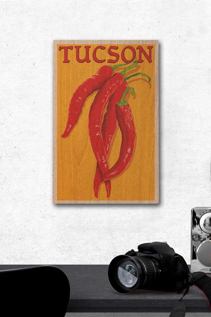 Tucson, Arizona, Red Chiles, Letterpress, Lantern Press Artwork, Wood Signs and Postcards Wood Lantern Press 12 x 18 Wood Gallery Print 