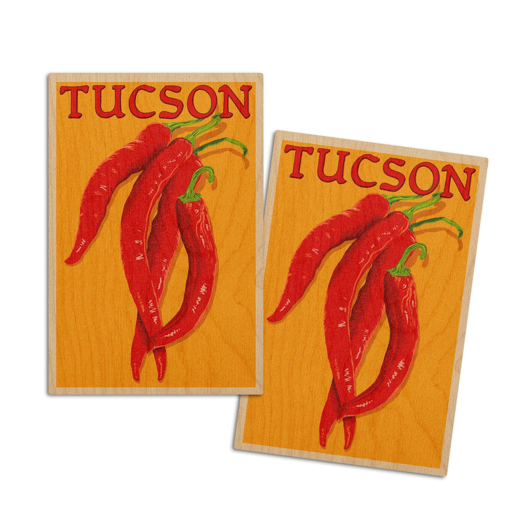 Tucson, Arizona, Red Chiles, Letterpress, Lantern Press Artwork, Wood Signs and Postcards Wood Lantern Press 4x6 Wood Postcard Set 