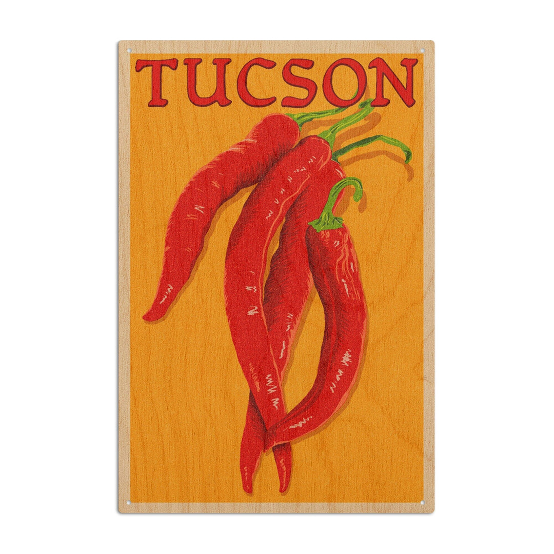 Tucson, Arizona, Red Chiles, Letterpress, Lantern Press Artwork, Wood Signs and Postcards Wood Lantern Press 6x9 Wood Sign 