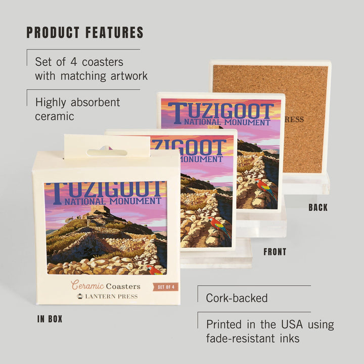 Tuzigoot National Monument, Arizona, Sunset, Lantern Press Artwork, Coaster Set Coasters Lantern Press 