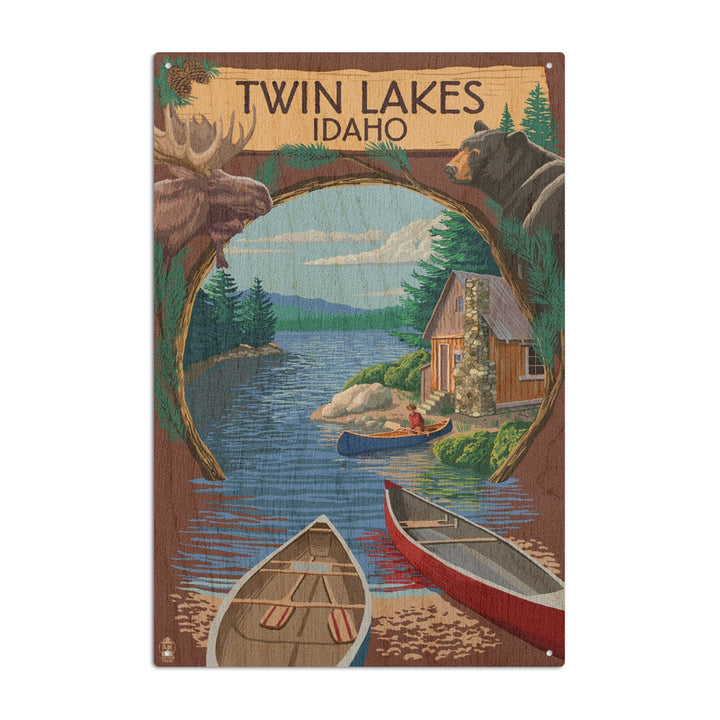Twin Lakes, Idaho, Cabin on Lake Montage, Lantern Press Poster, Wood Signs and Postcards Wood Lantern Press 10 x 15 Wood Sign 