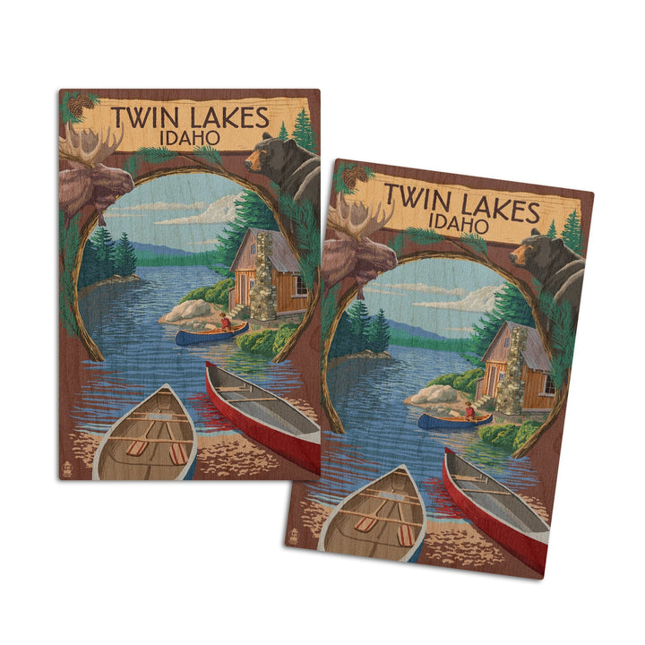 Twin Lakes, Idaho, Cabin on Lake Montage, Lantern Press Poster, Wood Signs and Postcards Wood Lantern Press 4x6 Wood Postcard Set 