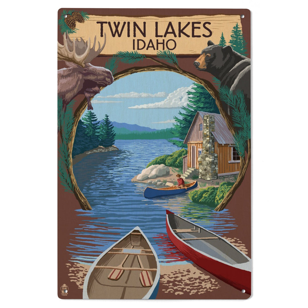 Twin Lakes, Idaho, Cabin on Lake Montage, Lantern Press Poster, Wood Signs and Postcards Wood Lantern Press 