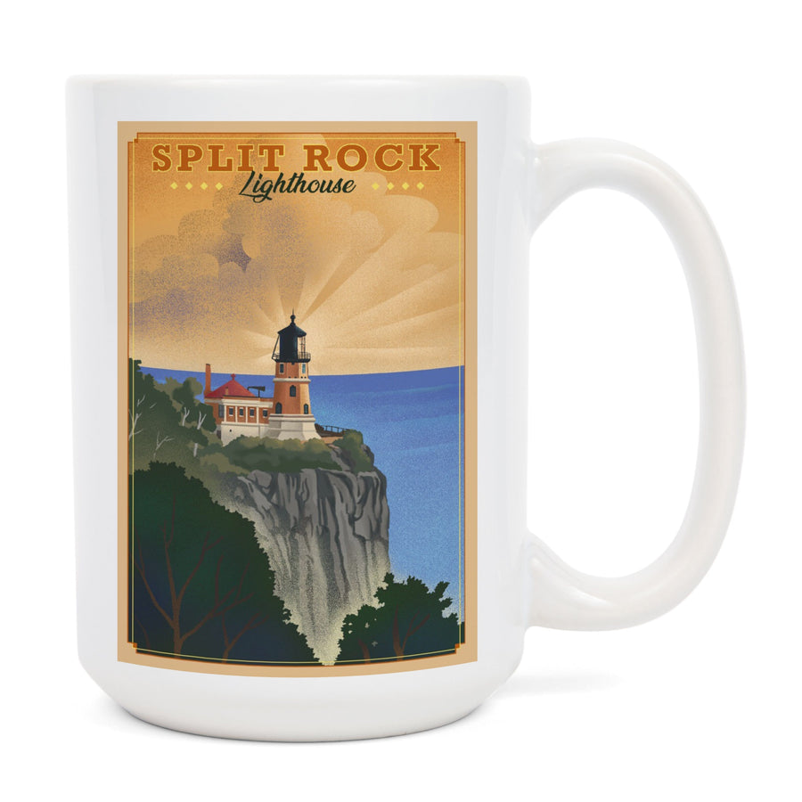 Two Harbors, Minnesota, Split Rock Lighthouse, Lithograph, Lantern Press Artwork, Ceramic Mug Mugs Lantern Press 