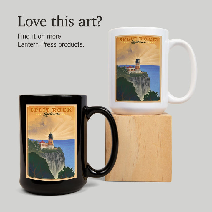Two Harbors, Minnesota, Split Rock Lighthouse, Lithograph, Lantern Press Artwork, Ceramic Mug Mugs Lantern Press 