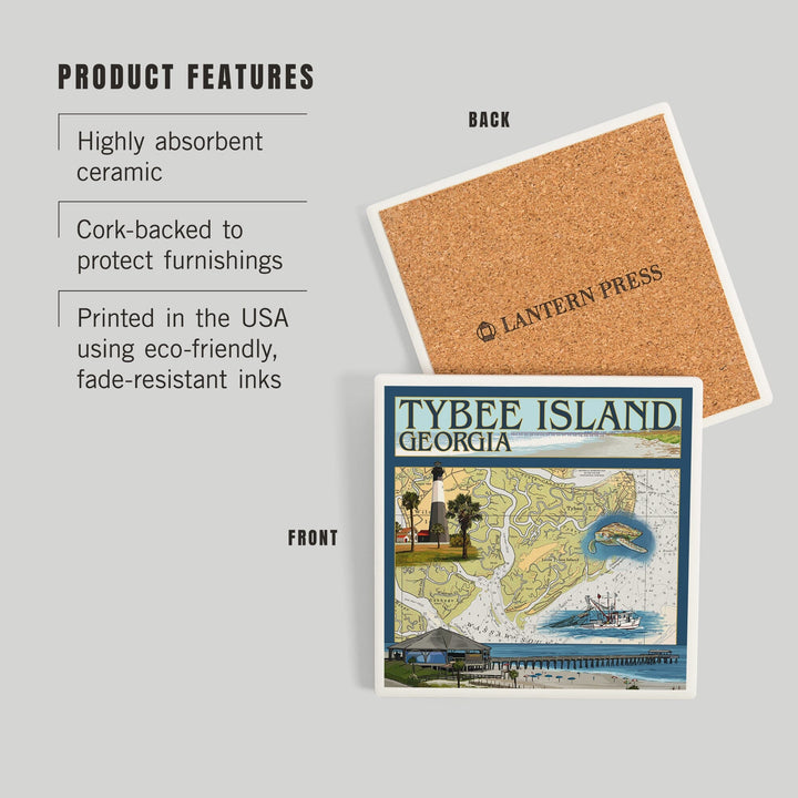 Tybee Island, Georgia, Nautical Chart, Coasters Coasters Lantern Press 