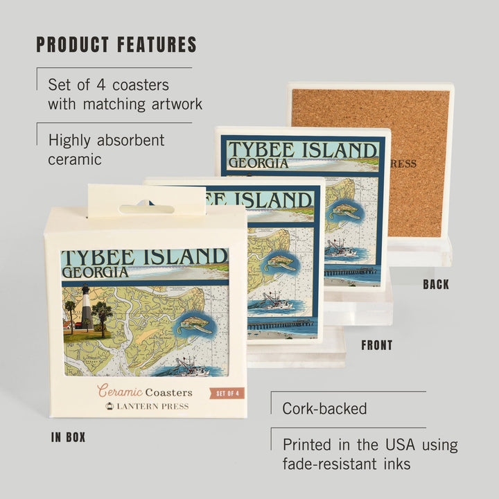Tybee Island, Georgia, Nautical Chart, Coasters Coasters Lantern Press 